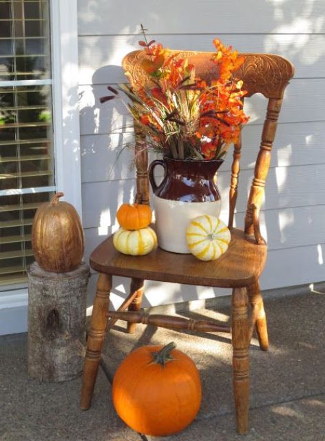 A Fall bouquet is a perfect thing to display on a chair.