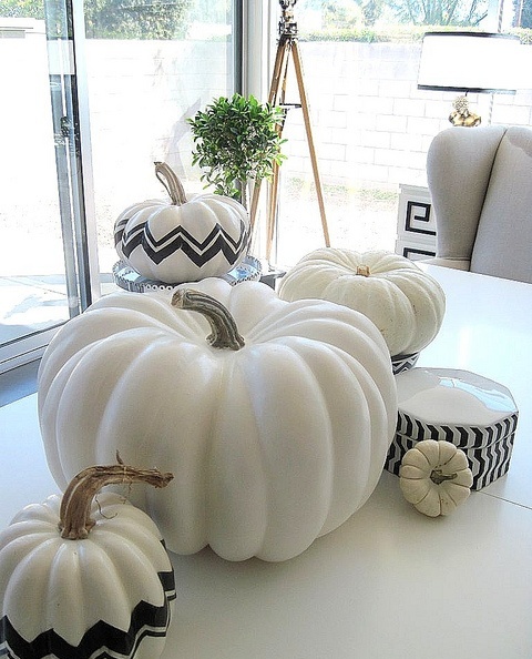 modern white and black and white pumpkins with geometric patterns can be DIYed using a sharpie