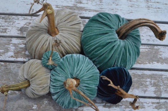 white, turquoise and navy velvet pumpkins are a delicate and lovely idea to decorate for fall, Halloween and Thanksgiving
