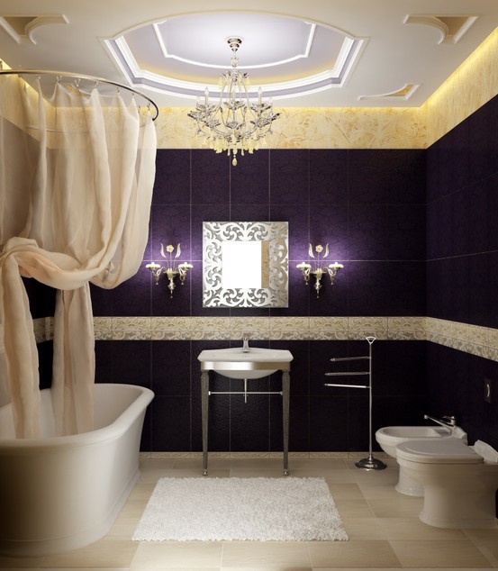 A dramatic vintage inspired bathroom with deep purple walls and sandy neutral shades, a chic chandelier and edging