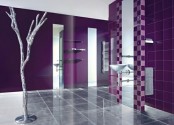 a unique purple and grey bathroom with checked stripes, floating shelves and a faux tree sculpture