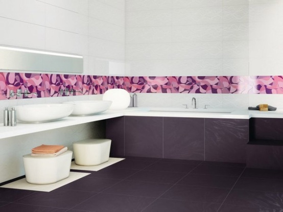 a bright contemporary bathroom with a deep purple tile floor, a colorful edge and white appliances