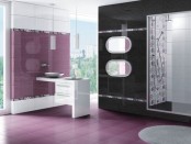 an elegant minimal bathroom in purple, white and black, patterned tiles and a catchy vanity