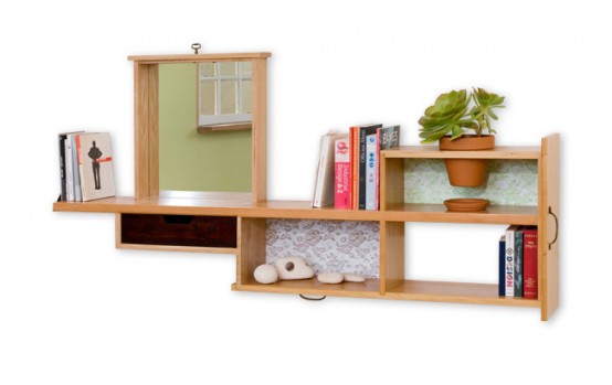 Recycled Bookshelf With Built-In Mirror And Planter