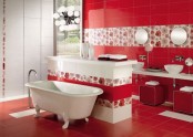 a bright red bathroom with touches of white and some patterns for a lively and bold look