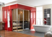 a contemporary bathroom with red walls, an oval tub, a steam room and radiator on the wall  a