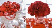 red and white Christmas centerpiece of blooms, ornaments, beads and candy canes will be a nice solution for any Christmas tablescape