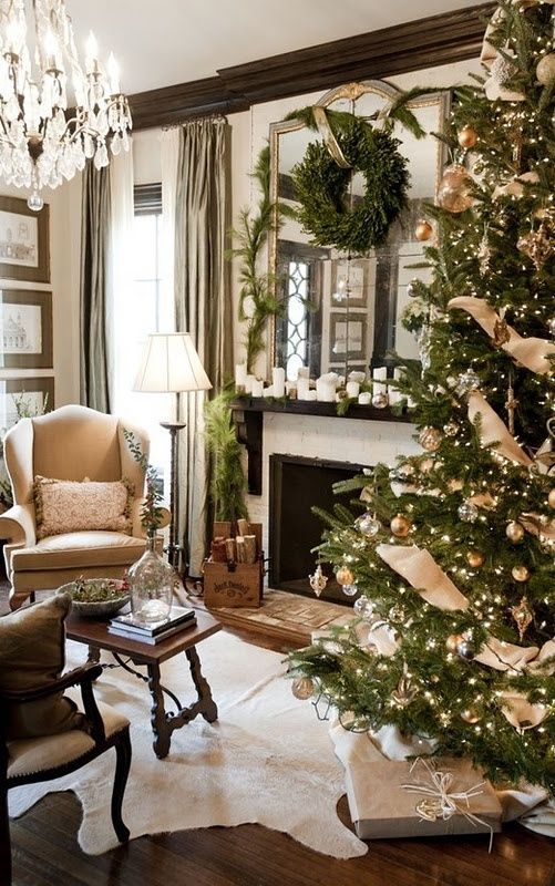 A Christmas tree with refined decor   clear, gold ornaments, gold ribbons and lights is a gorgeous idea for the holidays