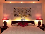 a headboard with inner lights, lights on the ceiling and table lamps are several layers to choose from