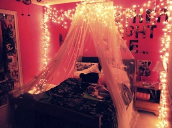 lighting over the bed and a canopy over it