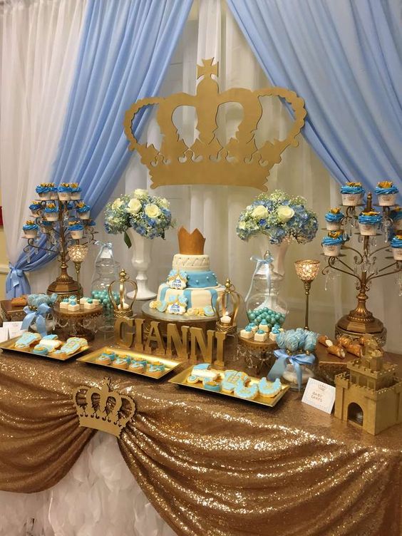 royal-themed dessert table for a boy baby shower