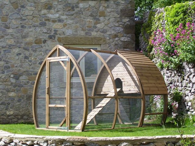 A boat shaped catio of wood and mesh, with green lawn, a house and a ladder is a simple and natural space to stay