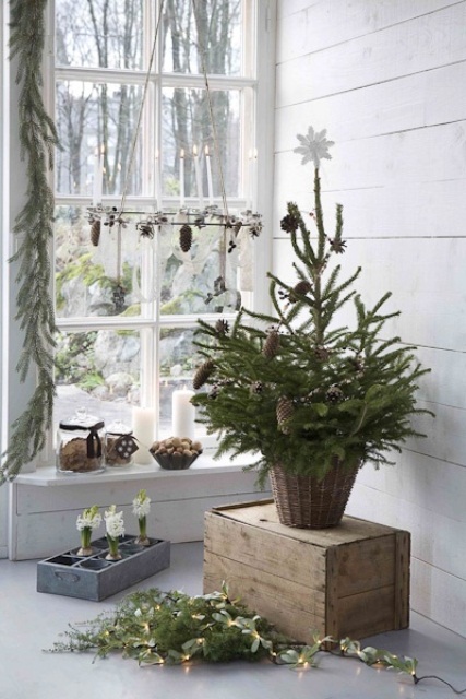 Nordic Christmas decor with an evergreen tree with pinecones in a basket, a pinecone and candle chandelier, greenery, lights and bulbs
