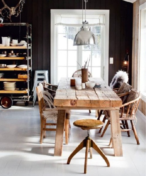 a Nordic kitchen in black and white, a rustic rough wood dining set, a metal pendant lamp and stool