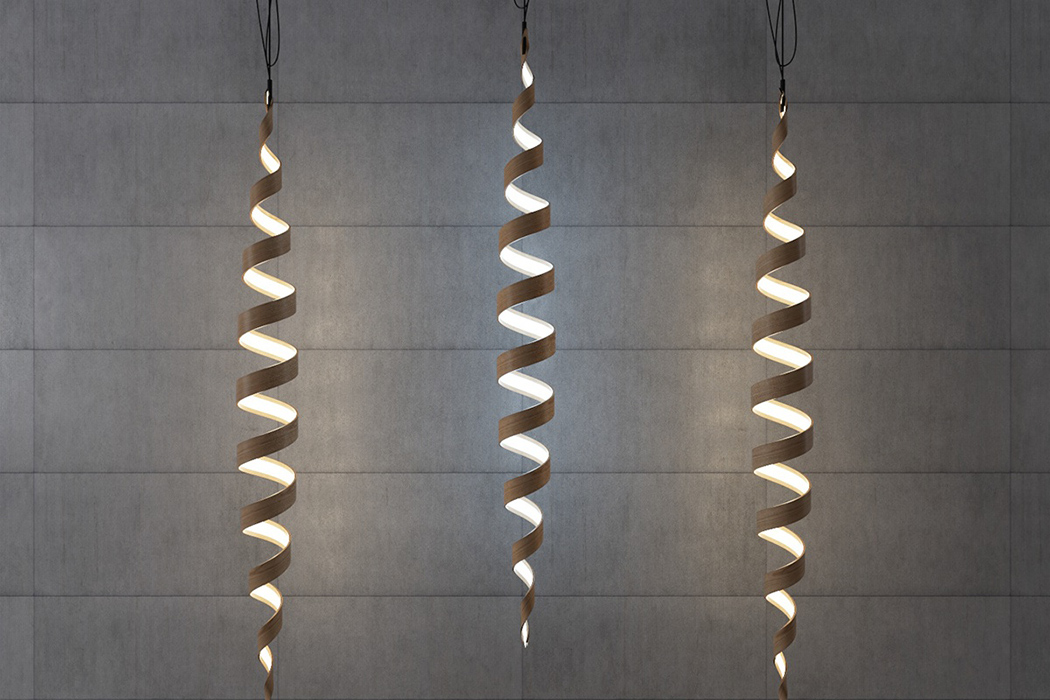 Sculptural spiral lamp collection made of veneer  1
