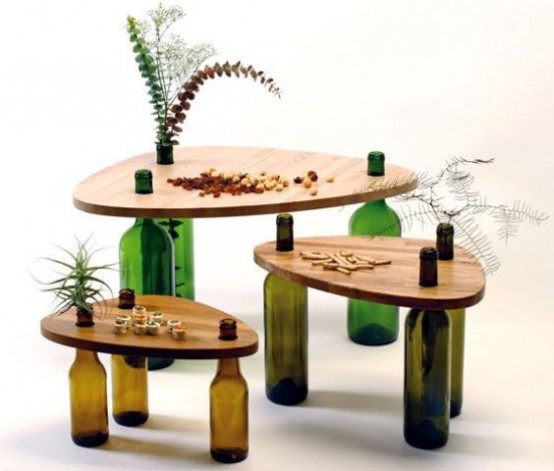 Side Tables Made From Reused Bottles And Wood Tops