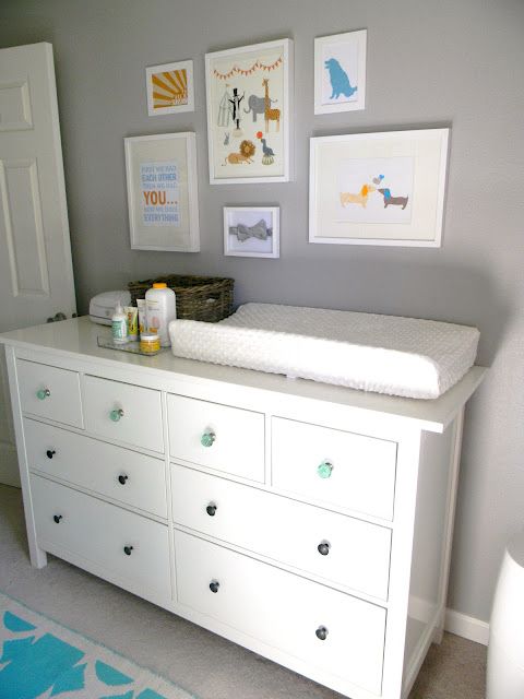 Hemnes dresser provide lots of storage for diapers, bottles and oils.