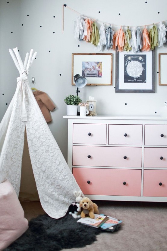 Ombre is quite popular nowadays so paint dresser's drawers into different shades of pink to make it a stylish addition to a girl's playroom.
