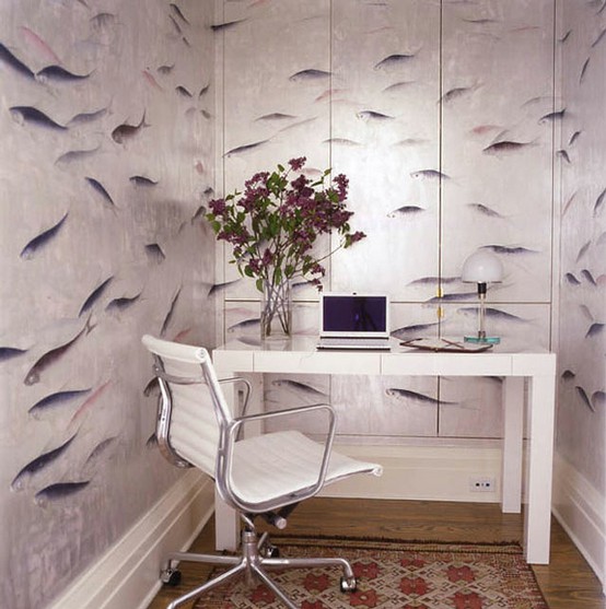 A hilarious wallpaper could make even a small office cool.