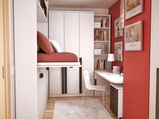 An interesting layout idea for a small teen bedroom. The bed could be hidden when not used.