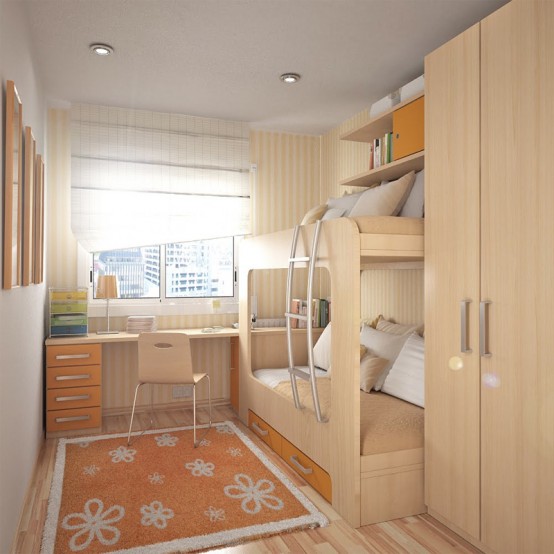 A bunk bed is a popular and effective choice to save some space in a shared kids  bedroom.