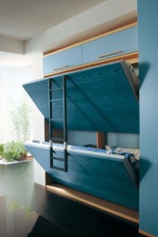 blue Murphy’s beds with a ladder are a cool option for a small kids’ room or guest bedroom