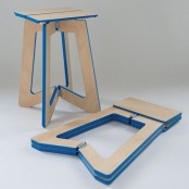 a plywood stool with a bright blue edge is a cool idea for any small modern space and for outdoors, too