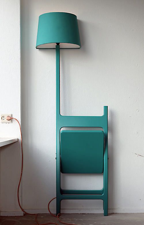 a bright turquoise chair that can be folded and a lamp for cool small home decor