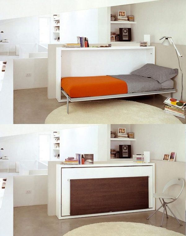 A Murphy's bed built into a desk is a great idea to hide a bed when not needed, and have a comfy desk at the same time