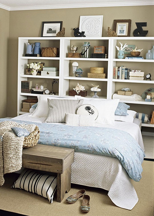 Even simple bookcases could be a practical solution that make the most of the space behind the bed.