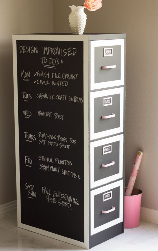 a chalkboard unit with multiple drawers is a great solution - you can both store things in it and leave memos and schedule on it