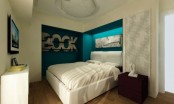 a tiny modern bedroom with white walls, teal niches and a bed in them, catchy lights and dressers