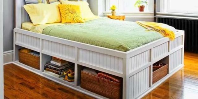 a white beadboard bed with open storage compartments with woven boxes and without is a cool solution to get more storage space