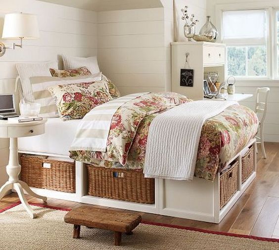 A white rustic inspired bed with storage drawers is a cool idea for any space, it features a lot of cute storage space
