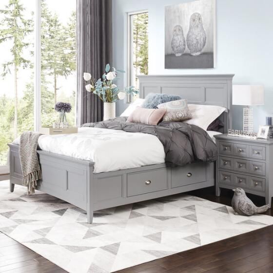 a rustic grey bed with drawers is a nice piece for a modern space, elegant nightstands echo with it