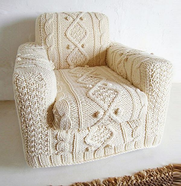 A comfy chair with a white crochet cover will make your space winter ready and very cozy at the same time