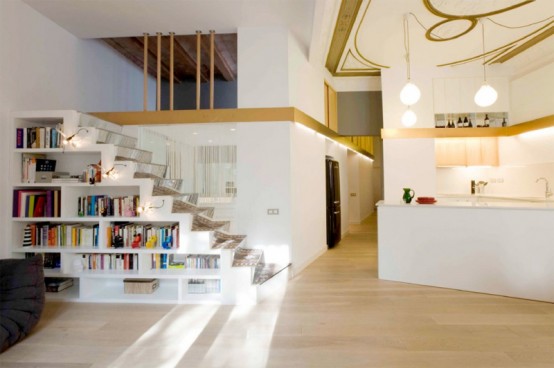 Flat with Smart Mezzanines of Storage and Art Craft Ceiling – SANTPERE47 by Miel Architects