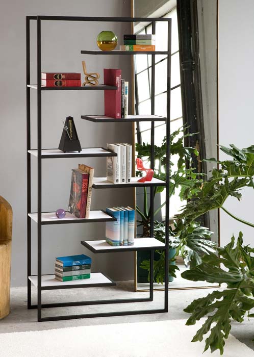 Minimalist Steel Bookcases with Corian or Bamboo Shelves by Faktura