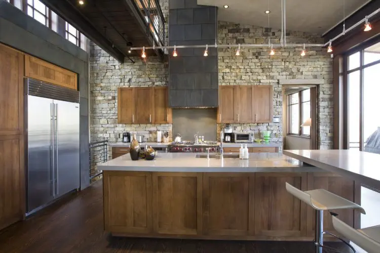 stone covered walls is another way to go for an industrial kitchen