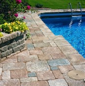 a pool with a muted color stone deck with greenery and bright blooms is a lovely space to refresh yourself in summer