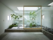 a bathroom united with an indoor courtyard to make it relaxing, with lots of pebbles and greenery growing here