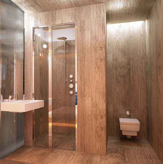 A contemporary bathroom fully clad with stained wood, with a shower enclosed in glass and wood, with a wall mounted sink and a modern toilet