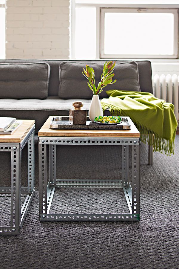 Gorgeous industrial coffee table of perforated metal and wood add an industrial touch