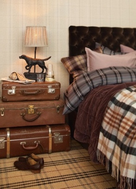 Vintage suitcases could easily become your bedside table. By the way, checked prints, are quite popular for masculine bedding sets.