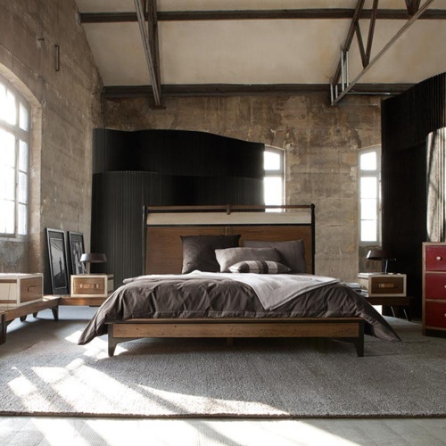 This bedroom is a great example of loft-like bachelor pad. Choosing an rustic industrial bed might be all you need for such interior.