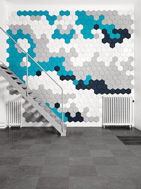 colorful hex acoustic tiles can be arranged in cool patterns that will highlight your decor style