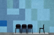pastel-colored geometric acoustic panels are a bold and chic ideda to decorate and sounnd proof the space