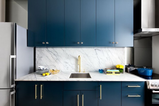 Stylish Blue And Gold Kitchen Design With Marble