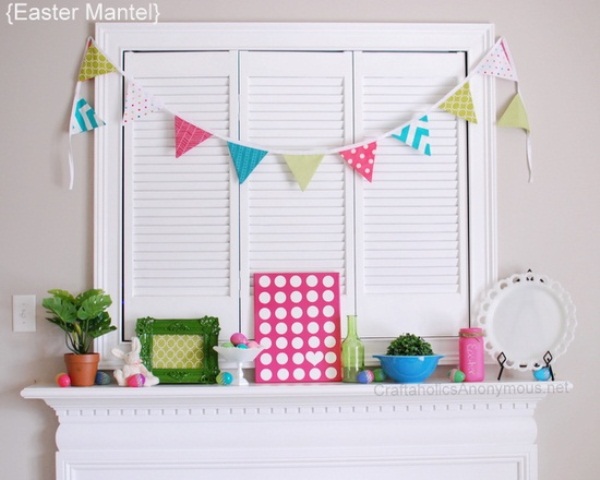 A colorful paper bunting, colorful faux eggs, bottles and jars