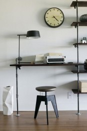 an industrial shelving unit of pipes and stained wood includes a desk and a matching stool is a cool idea for an industrial home office